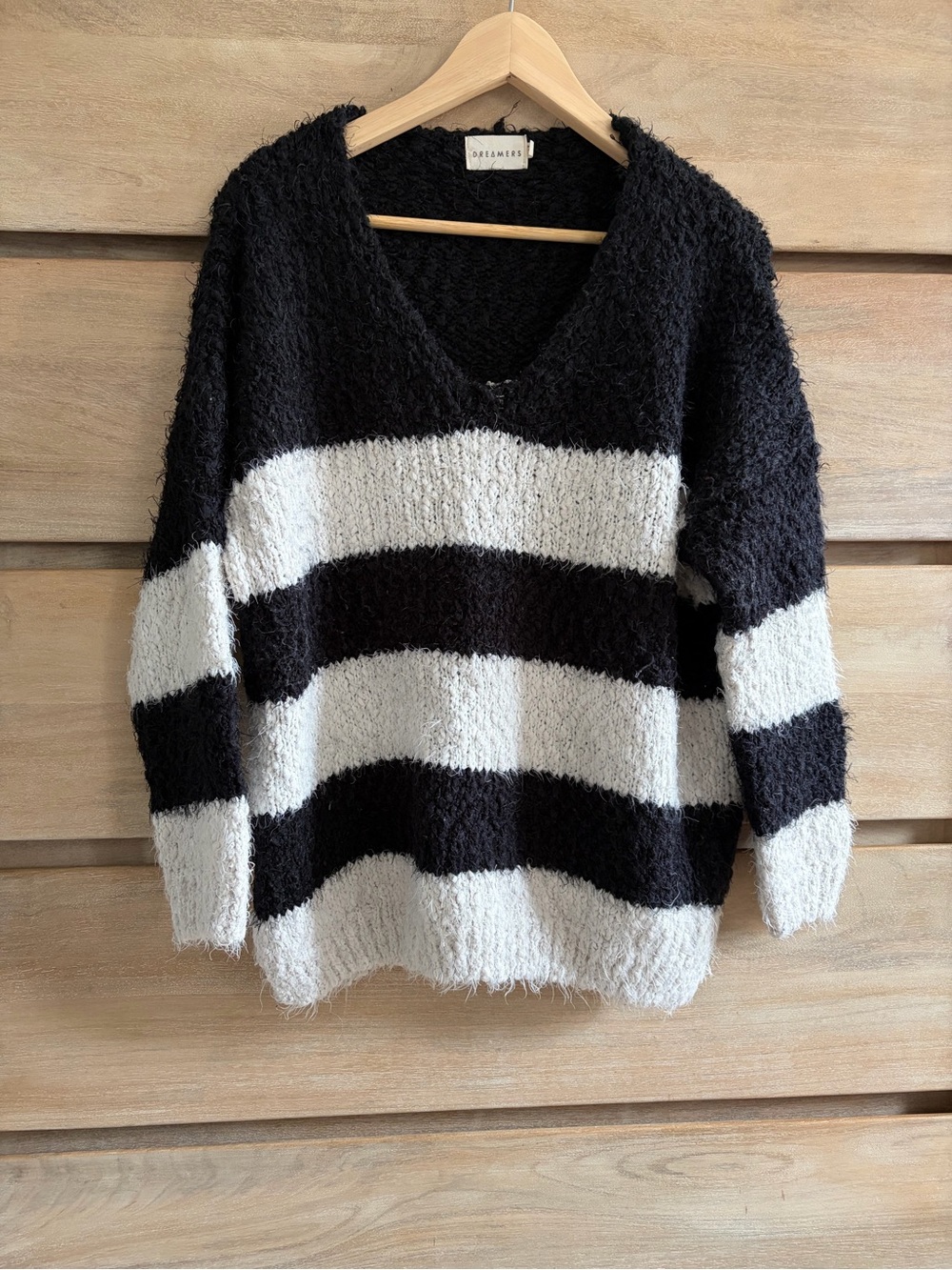 Dreamers Black & Cream Striped V-Neck Knit Sweater